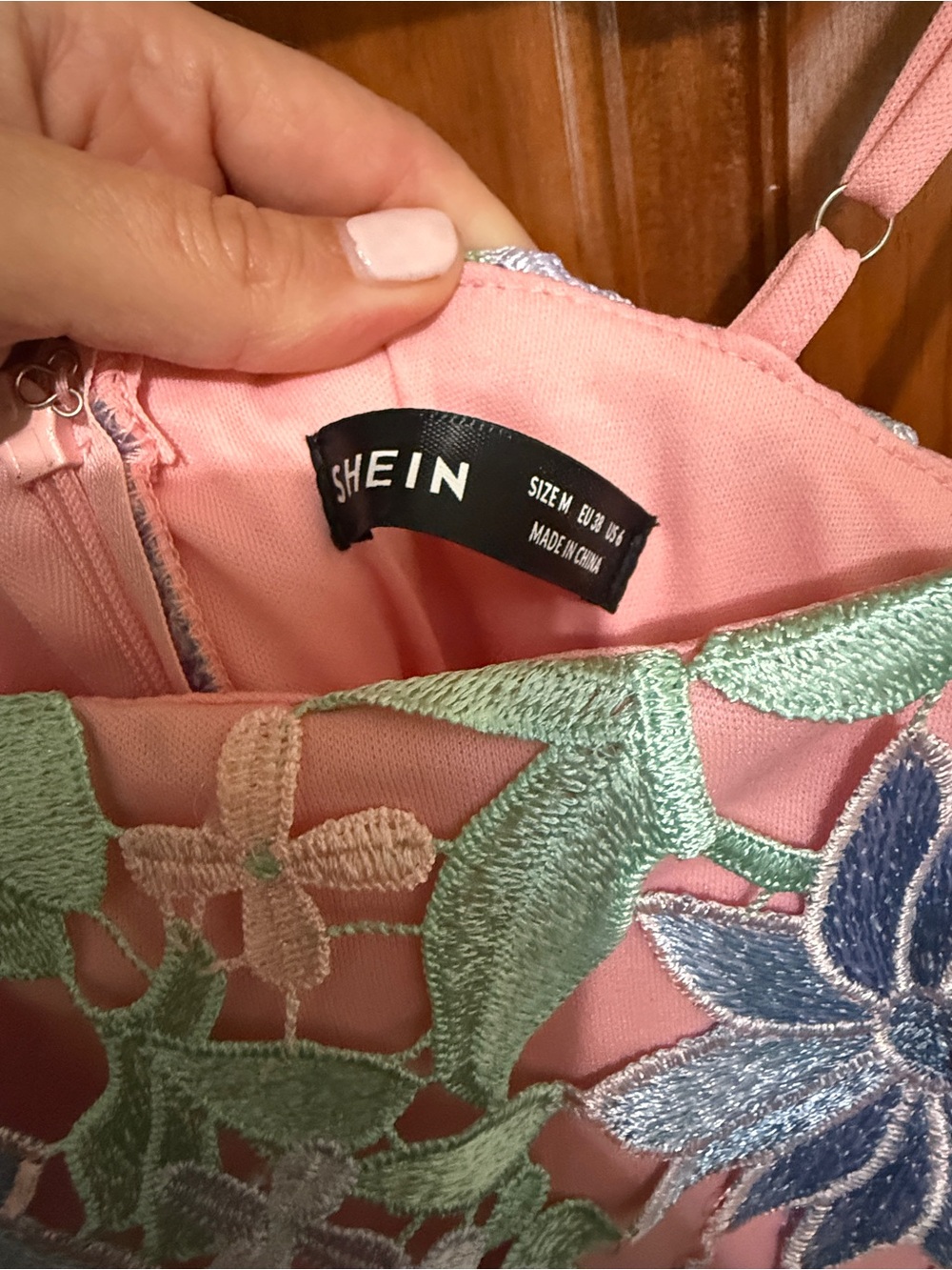 SHEIN Pink Floral Lace Bandeau with Green and Blue Embroidery